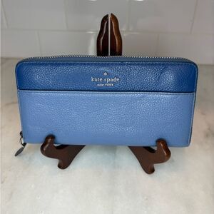 Kate Spade Blue Jackson Color-block Pebbled Leather Zip-Around Wallet